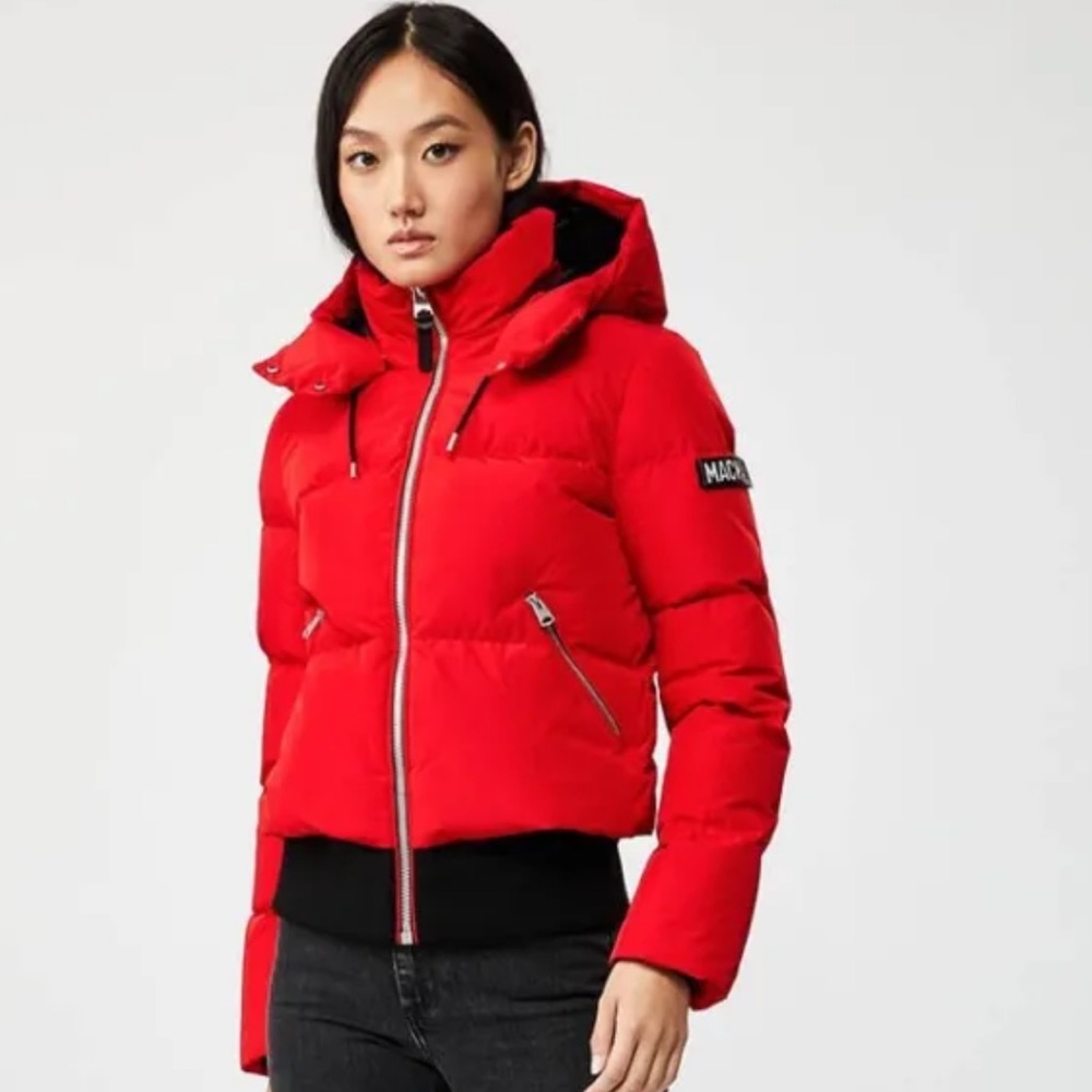 Mackage red coat puffer with hood leather and silver detail